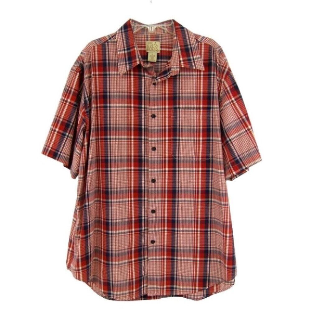 Jos A Bank Red Blue Plaid Short Sleeve Button Up Shirt Size L Cotton Lyocell